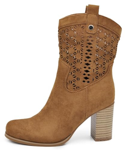 IF Fashion Stivali Stivaletti Tronchetti da Donna Traforato Camoscio Sintetico Con Tacco XG115 camel N.37