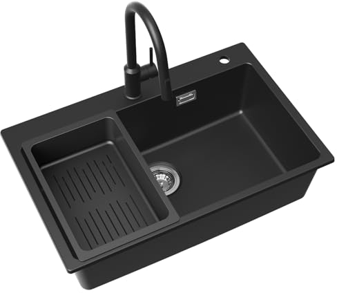 CECIPA Évier noir avec robinet extensible 70 x 45 x 20 cm, évier en granit avec bonde et trop-plein, 1 bac encastrable à partir de 80 cm de largeur d'armoire, évier de cuisine avec grand bac