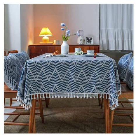 Epinki Tischdecke, Marineblau Tischtücher Welle mit Quaste Leinen, Tischdecke Deko Tischbedeckung für Küche Esstisch für Esszimmer, Garten, Party, Hochzeiten oder Haushalt, 140x200CM