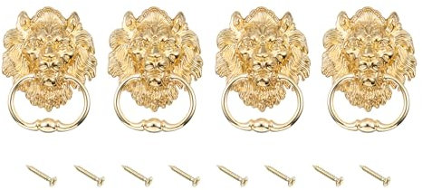 sourcing map 4 Pcs Lion Head Pulls Knob, 6 Inch Zinc Alloy Vintage Lion Door Handle Decorative Front Door Knob Ring Pull Handle for Gate Cabinets Drawers, Gold