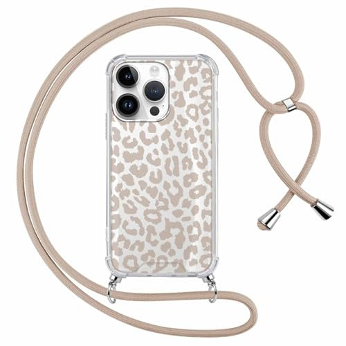 ZhuoFan Coque avec Cordon pour iPhone 16 Pro 6,3'' de Collier, Étui Transparent Aesthetic avec Motif Léopard en Silicone Souple Fond de Panier PC Dur, Housse avec Réglable Portable Lanyard Case