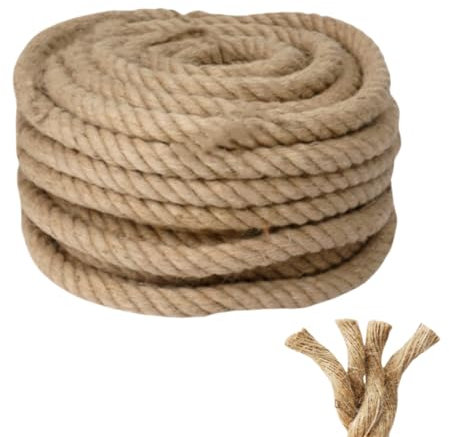 LDXDRU Corda di iuta naturale, 15 m x 20 mm, corda di canapa spessa intrecciata, resistente, per terrazze, giardinaggio, impacchettamento, campeggio, decorazione nautica