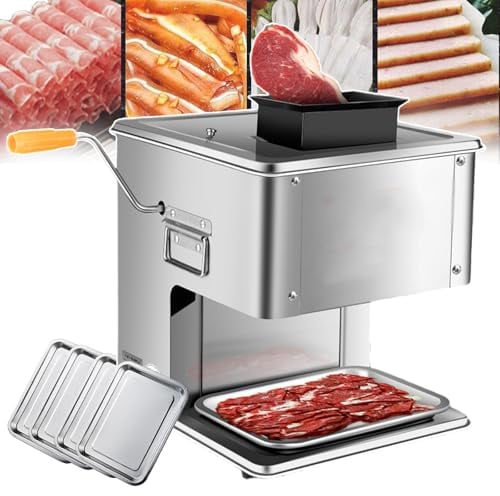 Commercial Meat Cutter Machine, Stainless Steel Meat Slicer, Electric Meat Slicer Vegetable Slicer for Boneless Pork, Beef, Lamb, Pickles, and More (with Stainless Steel Tray),3.5mm