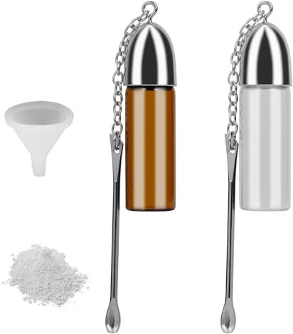 XoeLLe 2 Pack Small Storage Bottle, Snuff Spoon, Glass Portable Spice Container 57mm with Tiny Spoon and Small Funnel, Leak Proof for Outdoors Travel Camping
