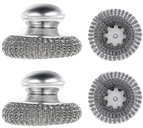 Yuanchu 2Pcs Stainless Steel Wool Scrubber with Handle, Metal Scrubber for Cleaning Dishes Cast Iron Scrubber Steel Wool Pads for Pots Stoves Barbecue Grills Wash Sink