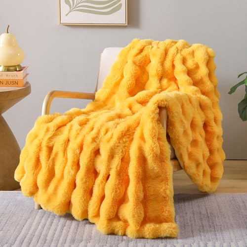 Smoofy Kunstfell-Überwurfdecke für Couch, Senfgelb, flauschig, gemütlich, Kaninchen-Fleece, weiche Plüschdecke für Sofa und Bett, für Mutter, warm, flauschig, Heimdekoration, Überwurf, 127 x 152,4 cm