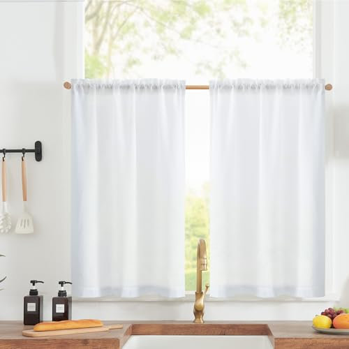 TOPICK Küche Scheibengardinen H 60 x B 65 (cm) 2er Set Leinen Küchengardinen Bauernhaus Fenstergardinen Kurz für Wohnzimmer Badezimmer Wäscherei Halbfenster Vorhänge Licht Filtern Weiß