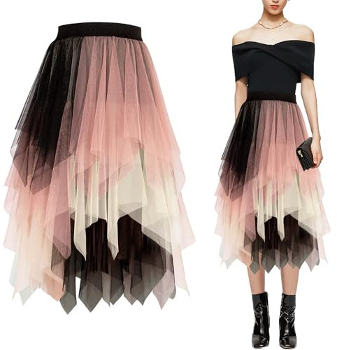 Baogaier Falda Tul Mujer, Elegante Tutu Cintura Elástica Midi Falda Irregular Bajo la Falda en Múltiples Capas Falda Plisado A-Line, Carnaval Fiesta Bodas Disfraz, Rosa-Blanco Negro