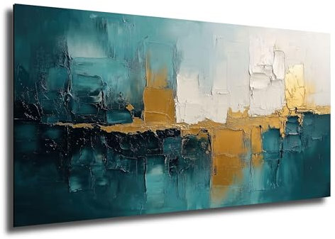 Munera Design® - Leinwand Bilder 60x40 cm Querformat Wandbilder Wanddeko Wohnzimmer Deko Zimmer Modern Bild auf 6mm HDF Painting Blau Gold abstrakt Weiß home weiß Dekoration Wandbild