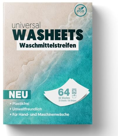 universal wash sheets laundry detergent sheets, 32 sheets, 64 strips - washing sheets for the washing machine, travel detergent, plastic-free, hypoallergenic, antibacterial