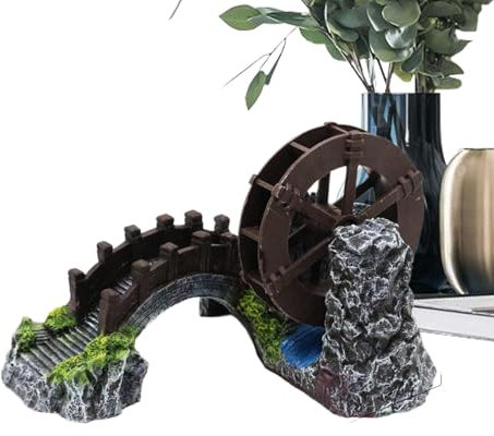 ccuzs Aquarium Bridge Ornament, Water Wheel Resin State, Realistic Fish Tank Decoration, Chinese Style, Safe and Durabless Home and Office, Potted Plants 18 x 15 x 12 cm Resin