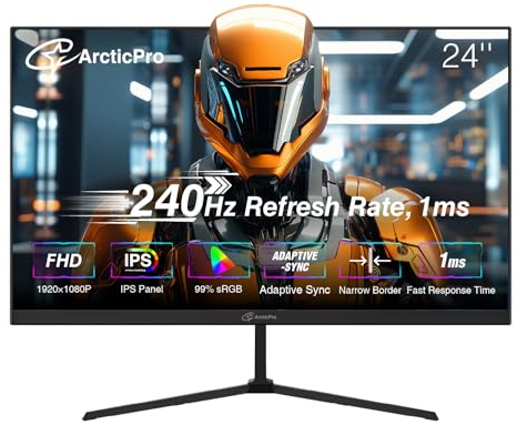 ArcticPro Monitor da gioco 24 pollici, 240 Hz, FHD 1080p, pannello IPS, tempo di risposta 0,5 ms, sincronizzazione adattiva, monitor per computer PC, senza cornice, ultra sottile, 100% sRGB