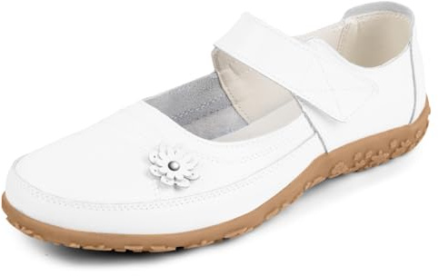 OFFCUP Womens Leather Mary Jane Shoes, Ladies Wide Fit Flat Shoes, Floral Grip Sole Hook & Loop Walking Casual Sandals Shoe, Work Office Nurse Shoe, Size UK 5/6/6.5/7, Black and White