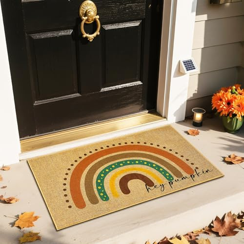 Fall Rainbow Doormat Autumn Boho Doormat Hey Pumpkin Autumn Door Mat Front Door Mat Cute Rainbow Mat for Outdoor Indoor Floor Mat Welcome Entrance Rug Inside Outside Carpet Porch Patio Decor