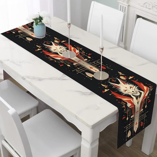Tischläufer Leinen 40x140 cm Japanische Fuchs Abwaschbarer Table Runner | für Home Asiatischer Stil Tier Tischdeko Anime Totem Läufer Outdoor wetterfest für Hochzeit