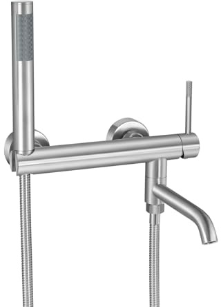 PHASAT Robinet Baignoire Mural avec Douchette à Main Mitigeur Douche Mural Baignoire Bec Rotatif à 90°Robinet Monocommande de Bain avec Douchette, Nickel Brossé PTBL25E