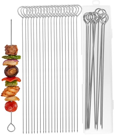 UCEC 20 PCS 25cm Stainless Steel BBQ Skewers | Metal Kebab Skewers for Grilling, Food-Grade with Sharp Prongs, Includes Plastic Storage Organiser Box for Barbecue