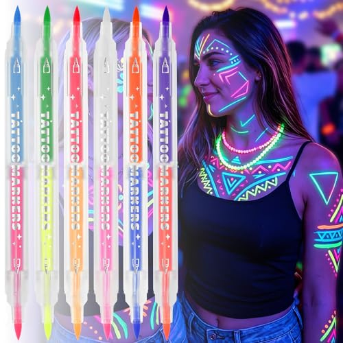 AYBUY 6 Feutres Maquillage Fluorescent dans le Noir et Fluorescents | Peinture Fluorescente, Faciles à Appliquer Et à Retirer, 12 Couleurs de Peinture pour Visage, Pour Festival, Fête, Bal Masqué