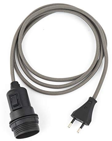 3m Plug-In Lampe GRAU, Textilkabel mit Lampenfassung aus Thermoplast (TEILGEWINDEMANTEL) mit Schalter und Eurostecker