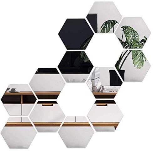FOCCTS 12 Stück 10cm sechseckiger Spiegel Wandaufkleber, DIY Dekorative 3D Sechseck Acryl Spiegel Wand Tabelle Kunststoff Fliesen für Home Wohnzimmer Sofa TV Einstellung Wand Dekoration Silber