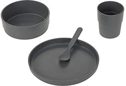 LÄSSIG Kindergeschirr Set (Teller, Becher, Schälchen, Löffel) ohne Melamin, BPA-frei, für Spülmaschine und Mikrowelle/Dish Set Uni anthracite
