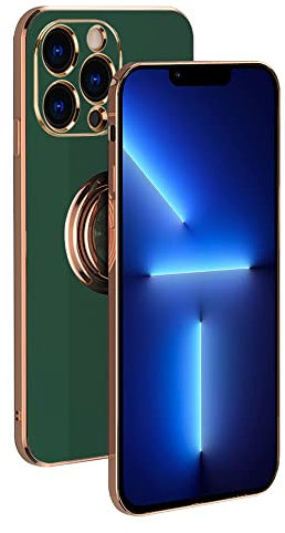 Rdyi6ba8 for iPhone 13 Pro Max Case, Electroplated 360°Rotatable Ring Holder Stand Soft TPU Protective Bumper Shockproof Phone Cover Case for iPhone 13 Pro Max, Dark Green