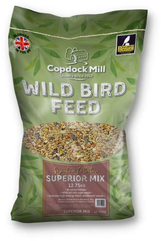Copdock Mill Wild Bird Seed Superior Mix 12.75kg - All Year-Round Bird Seeds for Small Garden Birds - With Black Sunflower Seeds and Nyjer Seeds - 100% Natural Nutritional Bird Food