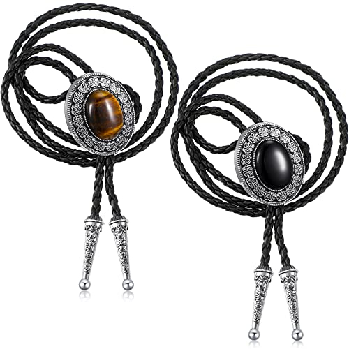Yaomiao 2 Stück Bolo Leder Halloween Krawatte Krawatte Cowboy Silber Kuh Schädel Ranger Stern Schwarz Achat Tigerauge Kette Western Cowboy Krawatte Halskette(Schwarzer Achat und Tigerauge