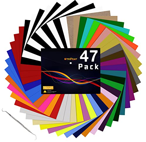 HTVRONT Plotterfolie Textil 47Pcs 30.48 × 25.4 cm Flexfolie Plotter Textil 33 Farben Flexfolie mit Teflon und Pinzette für T-Shirts & Stoffe