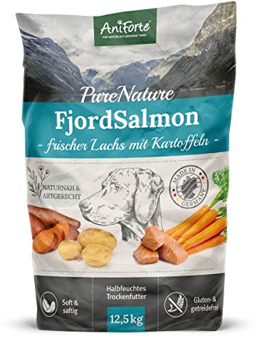 AniForte Lachs Trockenfutter für Hunde 12,5kg – Frischer Lachs mit Kartoffeln & Vitaminen, Halbfeuchtes Trockenfutter, Hundefutter trocken getreidefrei & glutenfrei für Allergiker