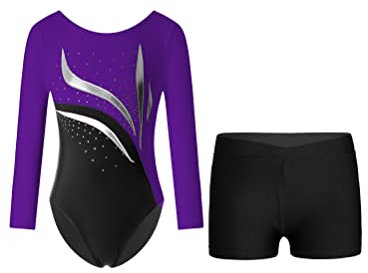 YOOJIA Kinder Mädchen Glitzer Turnanzug Langarm Trikot Leotard Gymnastikbody Tanz Body mit Shorts Kurze Hose Set Wettbewerb Tanzkostüm Lila & Schwarz 122-128