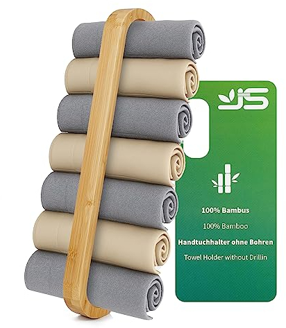 JS Towel Rack Wall Mounted Towel Storage 55cm Towel Rail Bathroom Hand Towel Holder Self Adhesive Bamboo Wood Natural