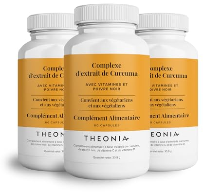 Complément alimentaire Complexe à l'extrait de curcuma de Theonia - Vitamine D3 et C, Poivre noir - Contribue à la bonne santé des muscles, des articulations et des os - 180 gélules - 200 mg