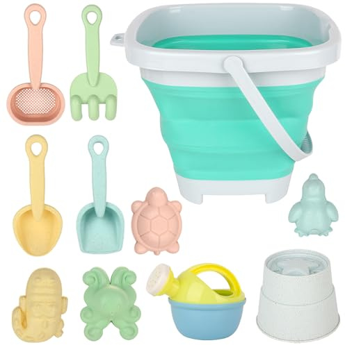 CLIUNT 11pcs Bucket Beach Toy Set, Play Sand Toys Set, Kids Sand Beach Toys Set, Sands and Water Outdoor Fun Tools for toddlers 1-3 with Foldable Bucket and Spade, Rake, Sprinkler etc