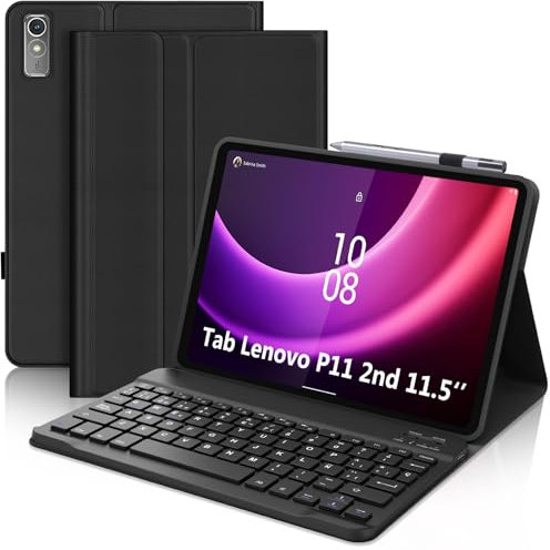 SENGBIRCH Funda con Teclado para Lenovo Tab P11 (2nd Gen) 11.5, Español Ñ Teclado Bluetooth Inalámbrico Extraíble para Tablet Lenovo P11 2nd Gen 11,5 Pulgadas (TB350FU/TB350XU), Negro