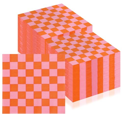 Lot de 150 serviettes en papier à carreaux roses et oranges - 12,7 x 12,7 cm - Serviettes jetables en papier à carreaux pour anniversaire, mariage, fête prénatale, cocktail