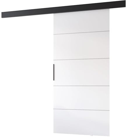 MINIO go for it - Schiebetüren 106 cm, Schiebetür Zimmertür PRIM B | Schiebetürsystem für Zimmer, Dekorative Streifen, Wandmontage, Türe Innen - Silber/Schwarzer Griff, Weiss / Schwarz