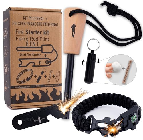 John Lossag – Kit Supervivencia Profesional ecoFire – Pedernal de Ferrocerio, Pulsera Paracord y Mechero con Iniciador de Fuego | Encendedor Multiusos para Camping y Bushcraft | Negro