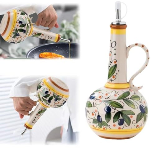 Flacon Distributeur d'Huile d'Olive en Céramique de 652 g - Bouteille Peinte à la Main de Style Italien - Décoratif