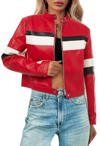 Tankaneo Womens Cropped Moto Biker Jackets Faux Leather Bomber Jacket Color Block Vintage Racing Coats