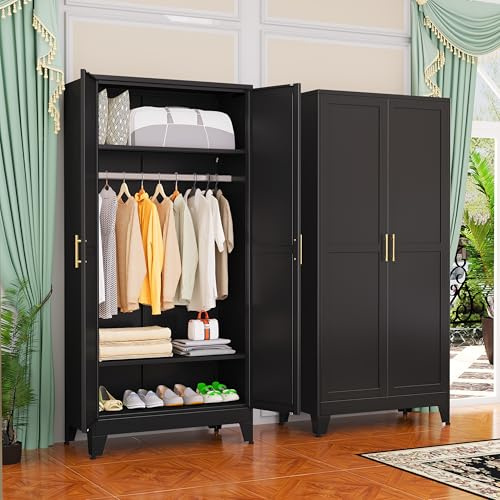 GAIOUS Metal Wardrobe Cabinet with Hanging Rod, 71 Metal Clothing Storage Cabinets with 2 Doors and Adjustable Shelves, Black Armoire Wardrobe Closet for Bedroom, Laundry Room, Cloak Room
