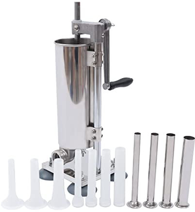 Qussse Manuell Wurstfüllmaschine 3L Edelstahl Wurstpresse Wurstfüller mit 6 Größen Füllrohre Wurstmaschine für Hausgemachtes