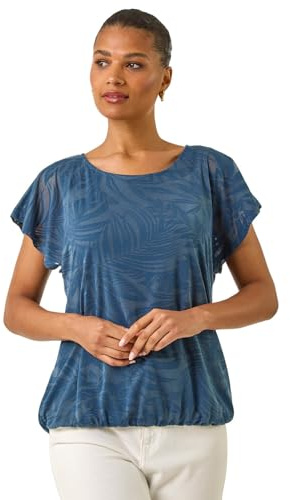 Roman Originals Burnout Bubble Hem Top for Women UK - Ladies Everyday Holiday Spring Summer Round Neckline Comfy Soft Evening Vacation Work Party - Navy - Size 12
