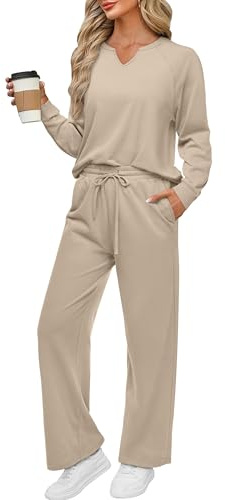REORIA Damen V-Ausschnitt Jogginganzug Zweiteiler Trainingsanzug Hausanzug Sport Set Elegantes Outfit Lounge Set Khaki M