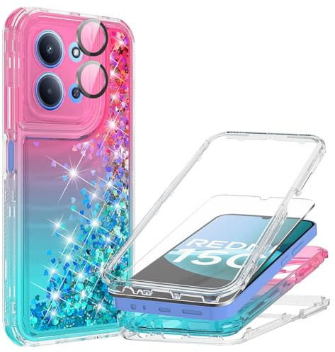 KJYLPO 360 Grad Handyhülle Kompatibel mit Xiaomi Redmi 15C 4G/5G Hülle mit 1*Schutzfolie & 1*Kamera Folie, Glitter Bling TPU Silikon Stoßfest Schutzhülle Cover Kratzfest Case-Rosa/Grün
