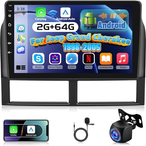 [2G+64G] Android Autoradio für Jeep Grand Cherokee 1998-2005 mit Kabelloses Carplay und Android Auto, 9 Zoll HD Touchscreen Autoradio mit GPS/WiFi/Bluetooth/EQ/FM RDS