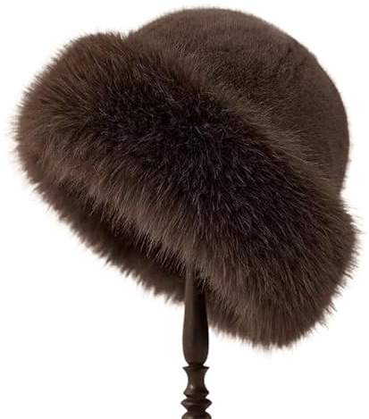 Livoravoli Pelzmütze Damen mit Kunstfuchs-Bommel，Weiche Plüsch Wintermütze für Damen，Warme Russische Mütze für Skifahren, Reisen & Outdoor（Braun）