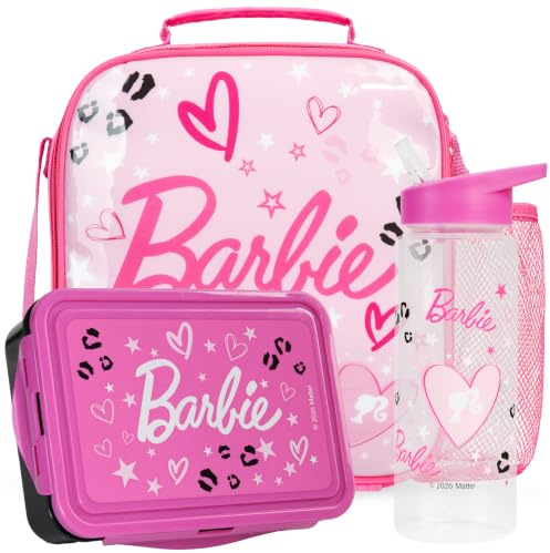 Get Trend Barbie Girls Lunch Bag Set with Bento Box & Bottle | 3 Pcs Insulated Lunch Bag with Bento Lunch Box & BPA Free 600ml Water Bottle, School Supplies Gifts (Pink Barbie)