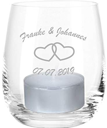 Windlicht mit Gravur (Herzen, Namen, Datum) Windlicht mit Spruch, Teelichtleuchter, Glaswindlicht, Geschenkidee, Mutter- oder Vatertag, Geburtstag, Valentinstag