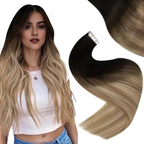 Easyouth Tape in Extensions Echthaar Balayage Braun Echthaar Tape Extensions Schwarz Ombre Aschbraun Mittelblond Echthaar Extensions Tape Haarverlängerungen Echthaar Glatt 30 cm 30g #1B/8/22 20pcs